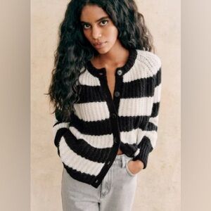 Sezane Black and White Striped Cardigan